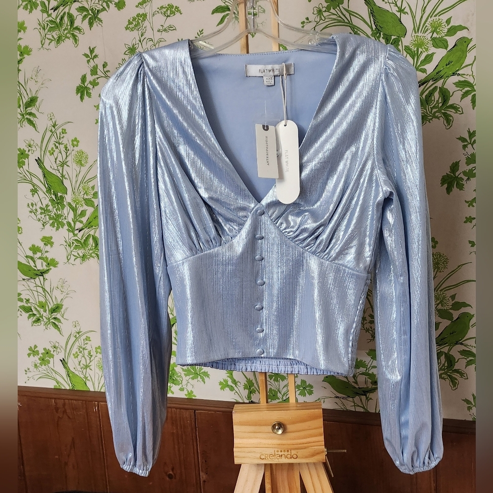 Anthropologie Flat White Metallic Blue Blouse